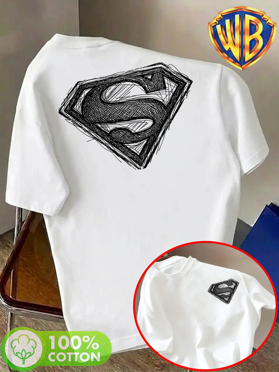 Unisex Summer Loose Round Neck Short Sleeve T-Shirt, Suitable for Daily Commute, Street Outings, City Travel, And Gatherings, Large Superman S Logo Hand-Drawn Sketch Print on Back, Small Pattern on Chest, Easy Artistic Atmosphere - White