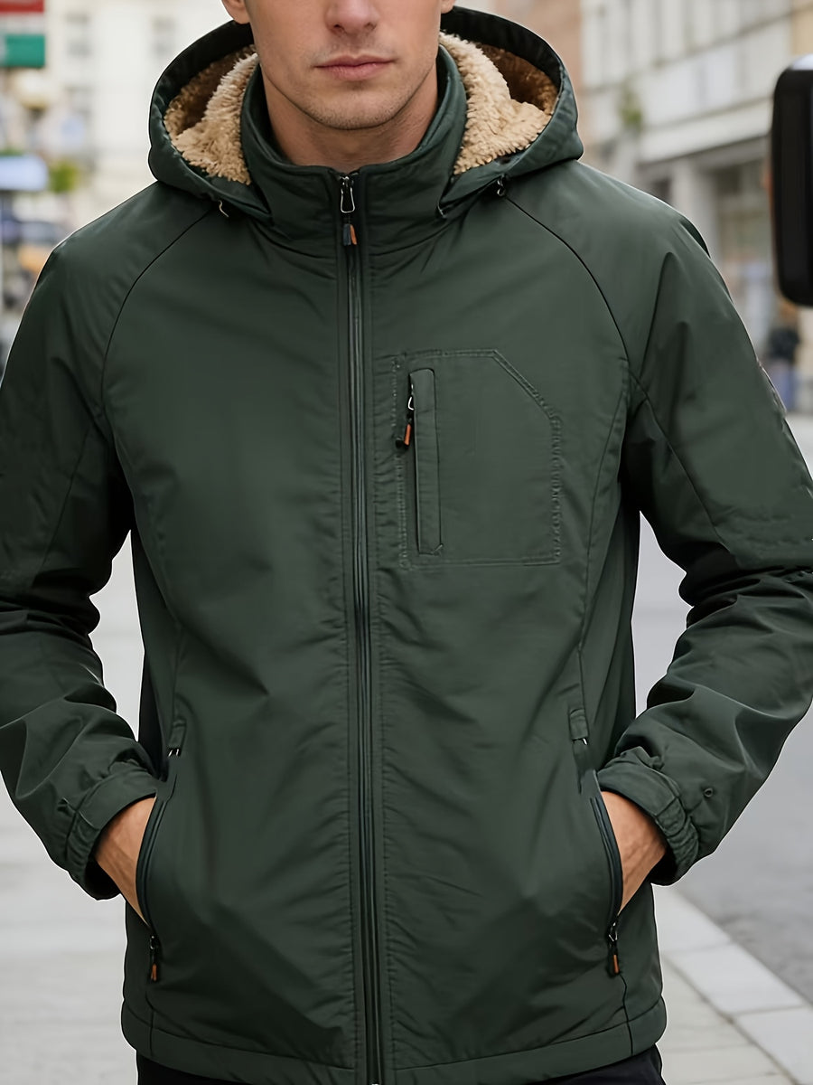 Men's Thick -Lined Casual Hooded Jacket - Army Green-1
