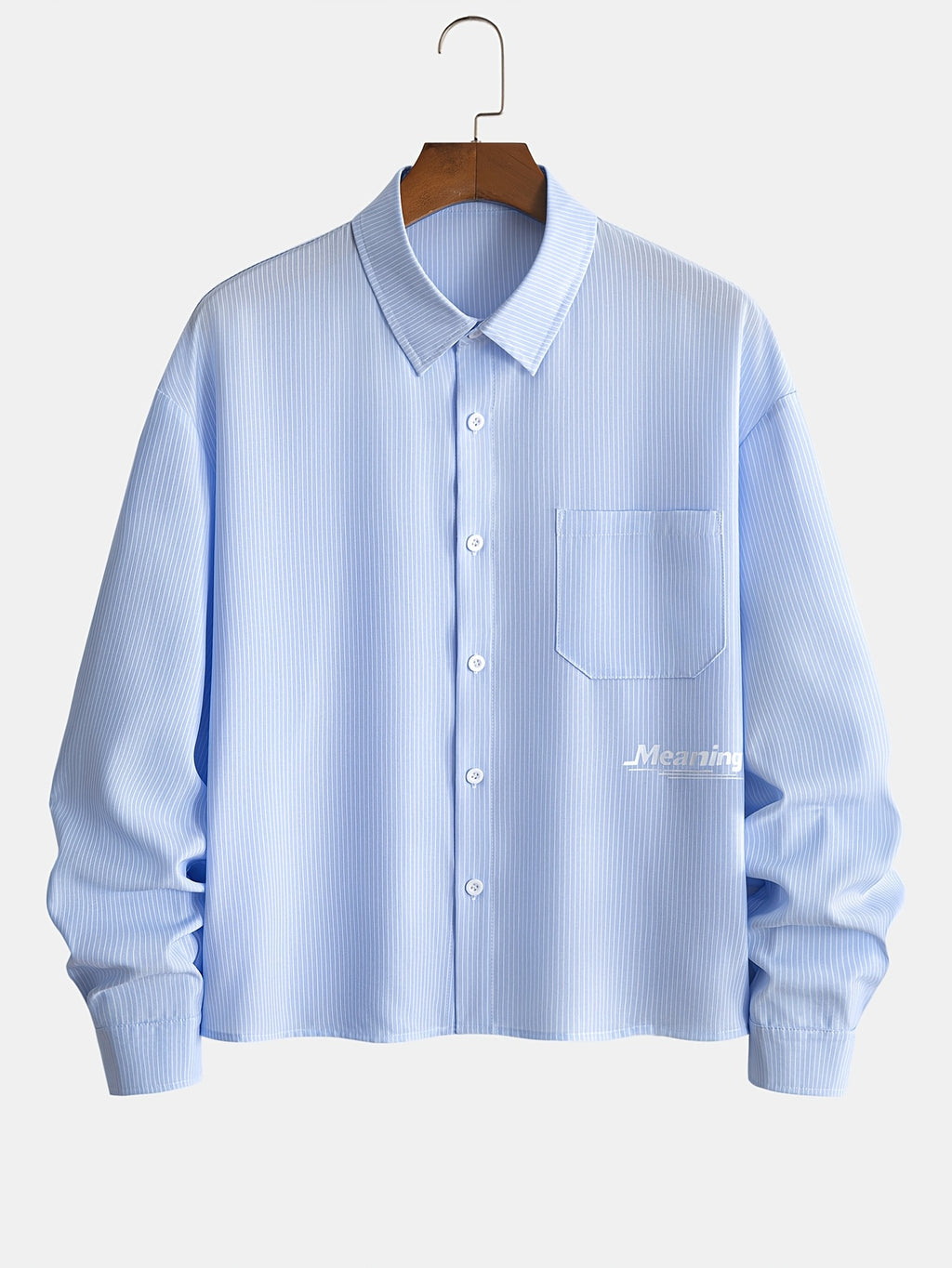 Men's Striped Long-Sleeve Shirt with Letter Iron-On Print, Trendy and Fashionable, Light Business Casual, Simple Four-Season Style, Short and Long-Sleeve Shirt - Blue