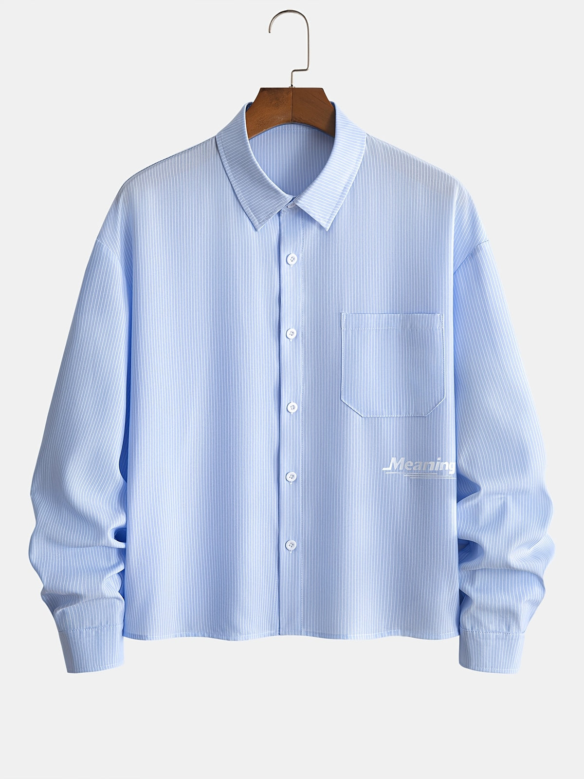 Men's Striped Long-Sleeve Shirt with Letter Iron-On Print, Trendy and Fashionable, Light Business Casual, Simple Four-Season Style, Short and Long-Sleeve Shirt - Blue