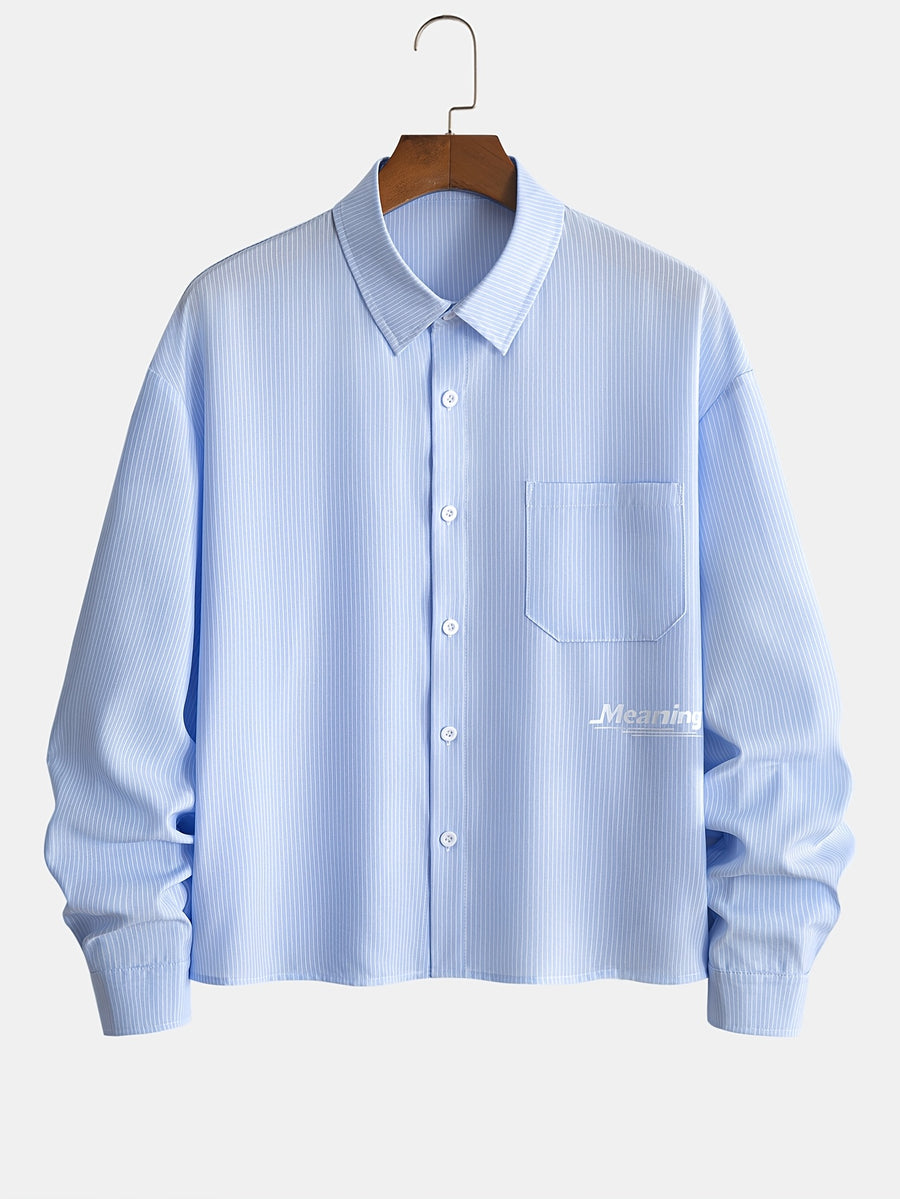 Men's Striped Long-Sleeve Shirt with Letter Iron-On Print, Trendy and Fashionable, Light Business Casual, Simple Four-Season Style, Short and Long-Sleeve Shirt - Blue