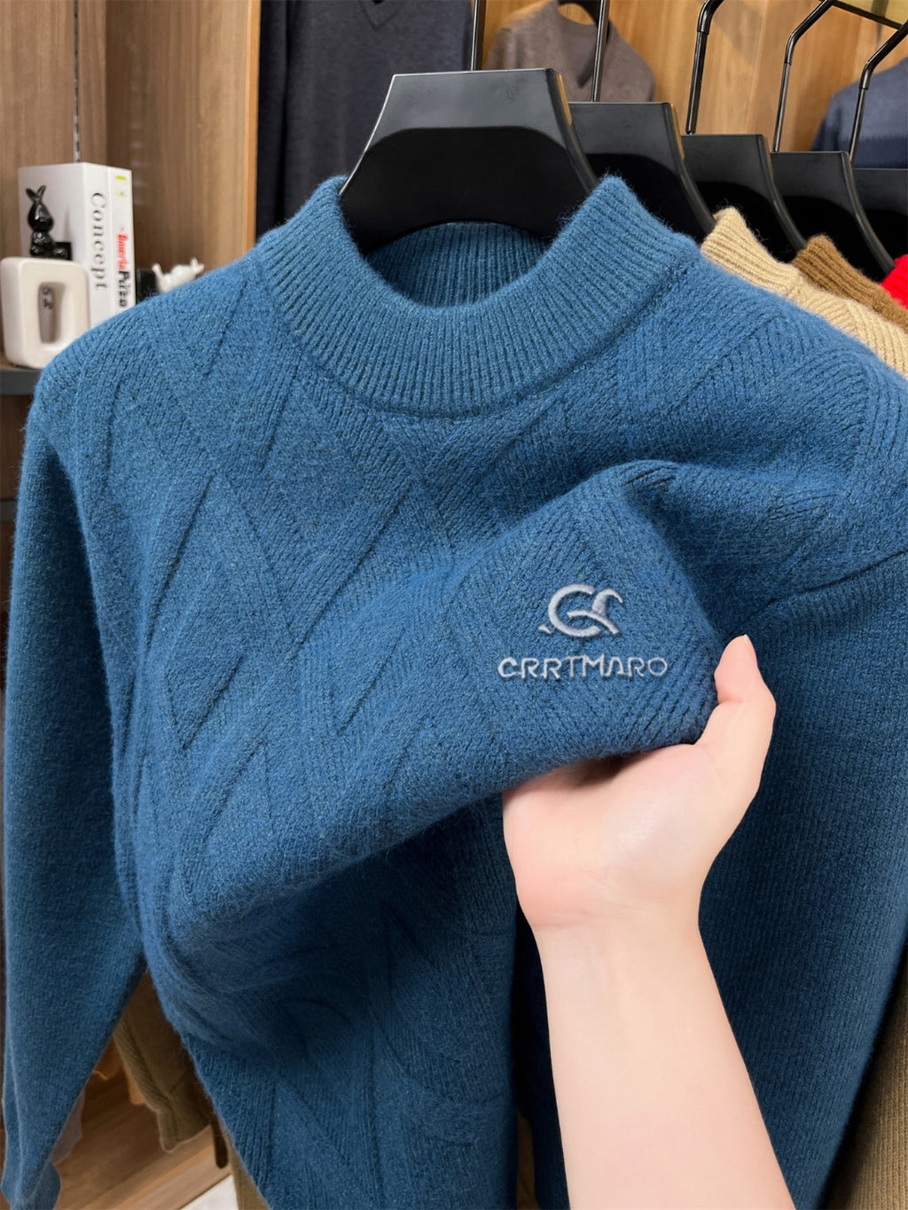 ZBZP Autumn Winter Knit 3D Solid Mid-High Neck Sweater, Basic Knit Pullover Top for Men, Fashion Long Sleeve Sweater SYD - Light Blue