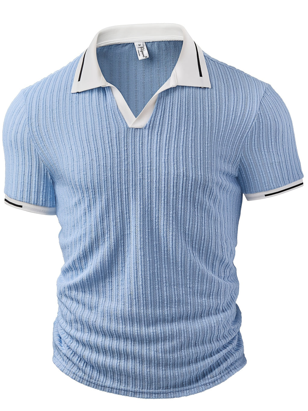 Men'S Fashion Men'S Clothing Men Shirt Spring Summer Casual Fashion Outdoor Breathable Jacquard Fabric Contrast Color Lapel Ribbed Patchwork Short Sleeve Men'S Henley Shirt - Sky Blue