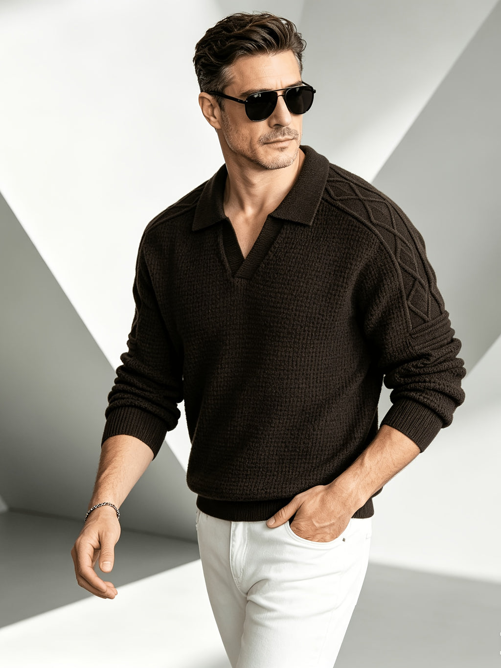 Business Mature Casual Men'S V-Neck Lapel Long Sleeve Jacquard Knit Polo Sweater, Soft Warm Textured Pullover Top, Suitable for Daily, Office, And Weekend Wear in Autumn And Winter - Coffee Color