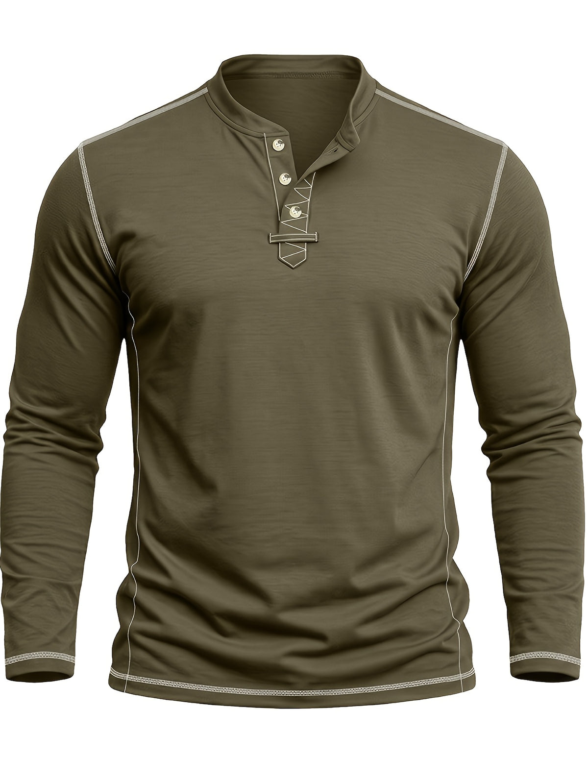Autumn Winter Men'S Long Sleeve Henley Shirt, Cross-Border New Color-Block Fashion Casual Base Layer Round Neck T-Shirt - Military Green