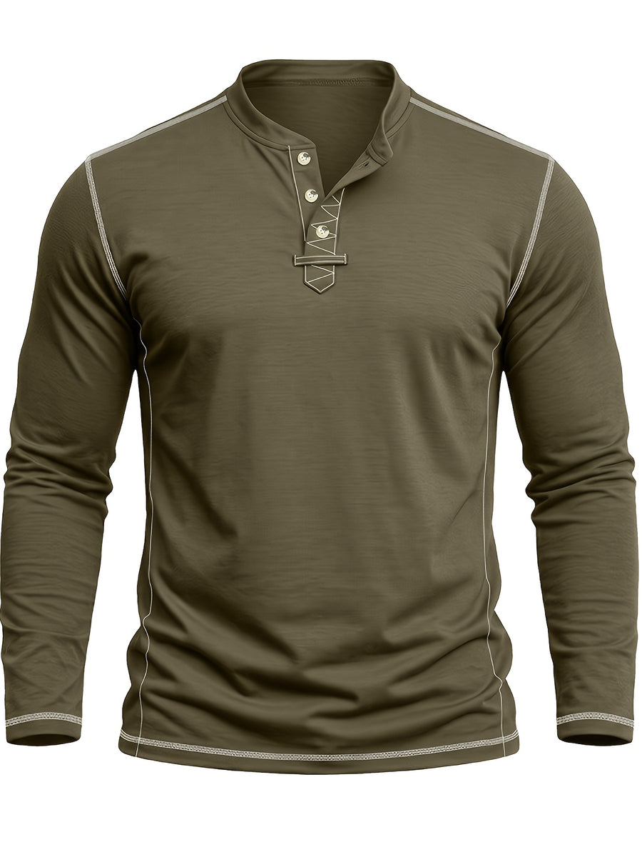 Autumn Winter Men'S Long Sleeve Henley Shirt, Cross-Border New Color-Block Fashion Casual Base Layer Round Neck T-Shirt - Military Green