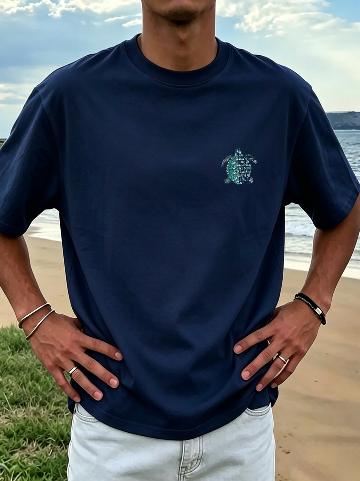 New Men'S 100% T-Shirt with Turtle Print, Comfortable And Breathable for Summer Casual Vacation - Navy blue color