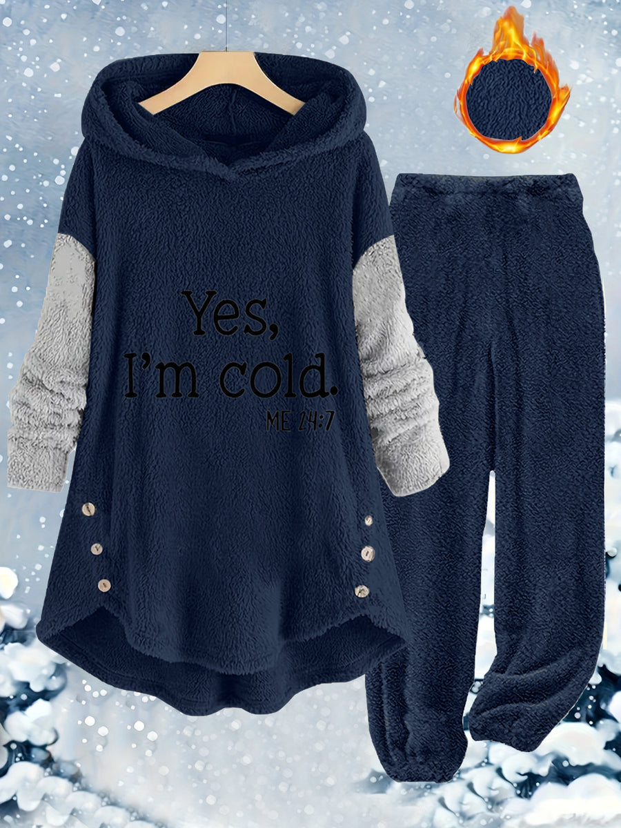 Fashion Women's Casual Autumn/Winter Hooded Long Sleeve Front Print Button Pants Set - Navy Color
