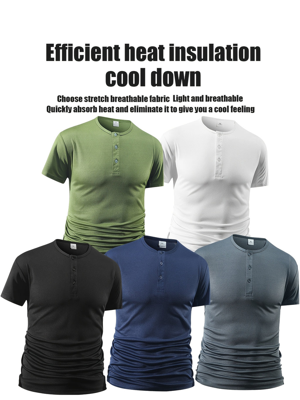 5pcs Men'S Solid Color Casual Short-Sleeved Henley Shirt, Lightweight Buttons, Versatile Work And Sports Outfit, Comfortable Fabric, Muscle-Defining, Daily Life And Fitness Training Wear, New Year'S Gift - Black + Navy Blue + Green + Gray + White