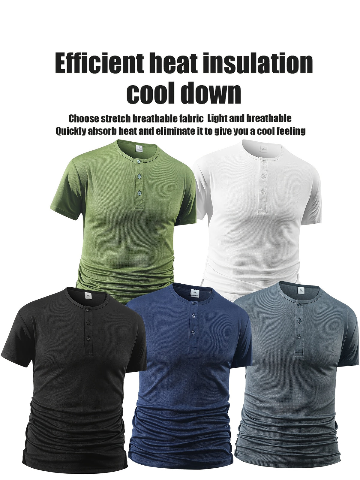 5pcs Men'S Solid Color Casual Short-Sleeved Henley Shirt, Lightweight Buttons, Versatile Work And Sports Outfit, Comfortable Fabric, Muscle-Defining, Daily Life And Fitness Training Wear, New Year'S Gift - Black + Navy Blue + Green + Gray + White