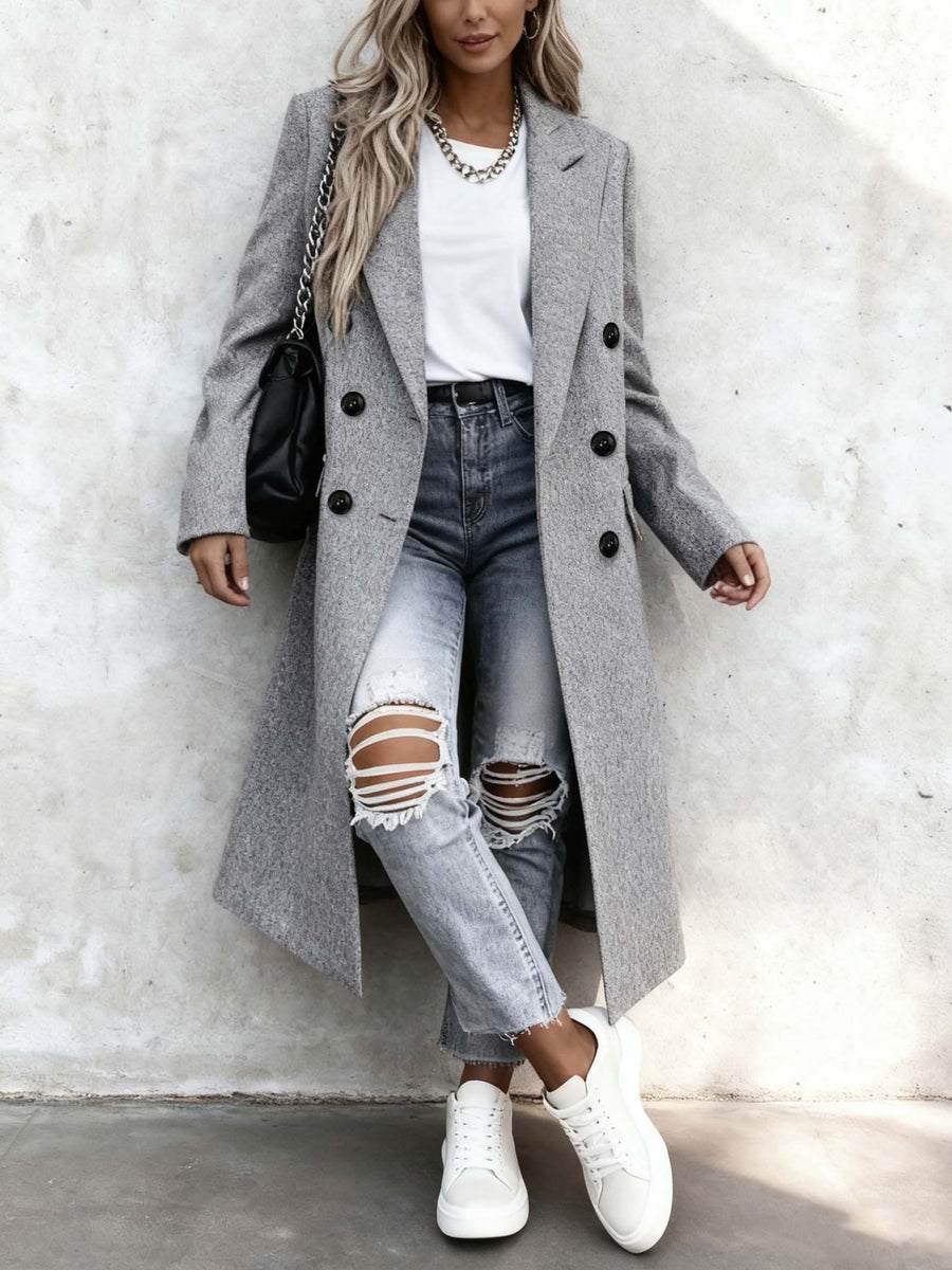 Over-The-Knee Long Premium Design Style Long Sleeve Trench Coat Women'S New Suit Collar Double-Breasted Casual Coat Jacket - Grey