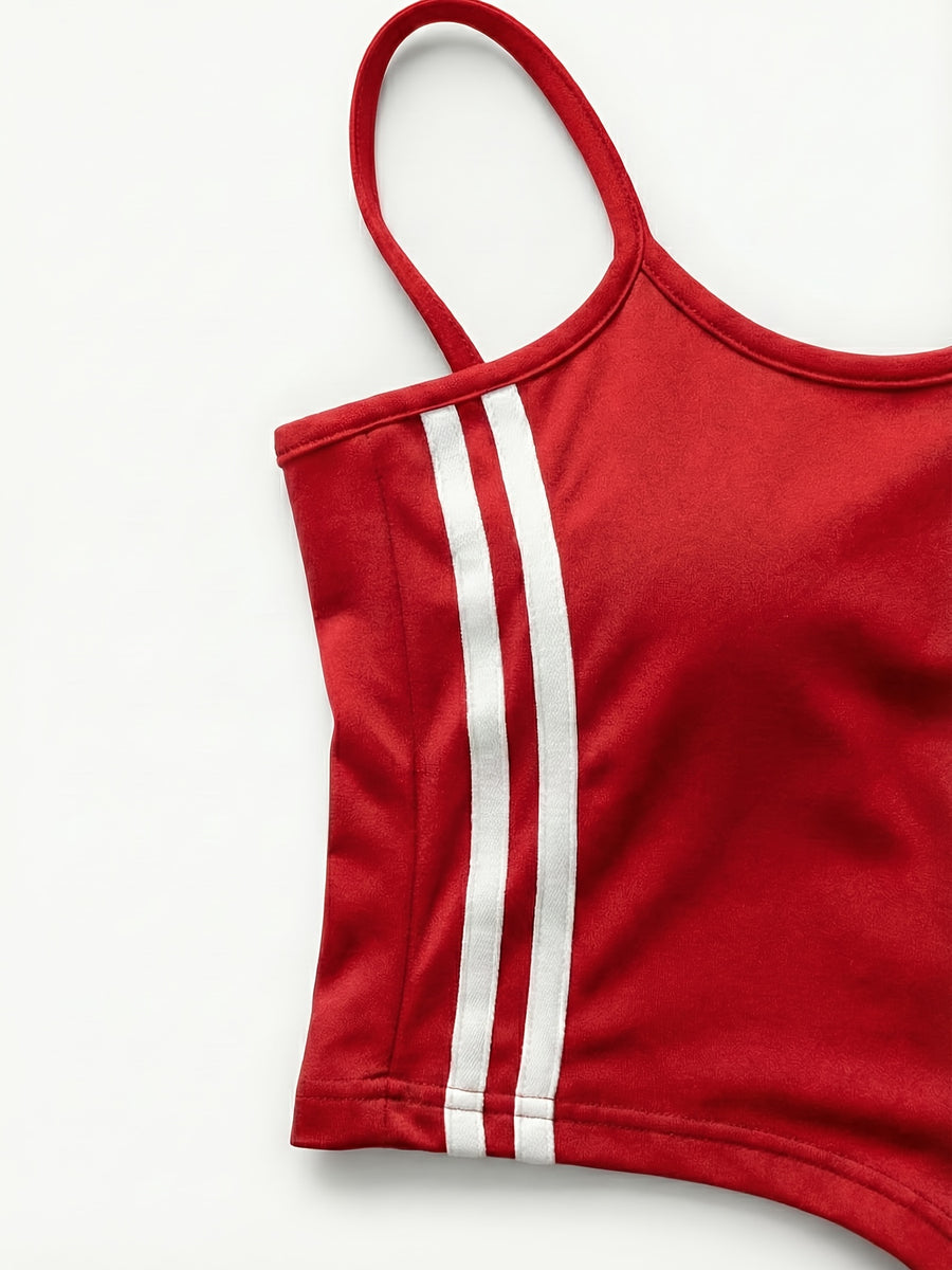 Women'S Elegant Suit, Loose Straight Leg, Side Contrast Stripes, Personalized Triangle Pattern Print, European And American Style Style, Elastic Waist, Straight Leg Wide Leg Long Pants, Paired with a Tight Short Suspender Vest - Red