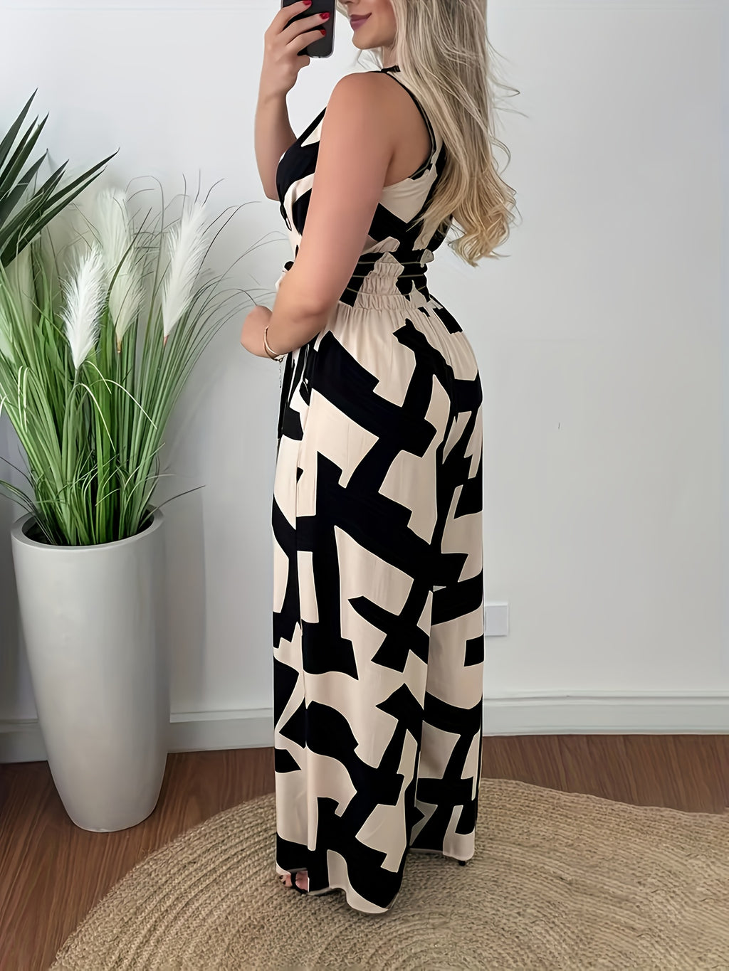 Women'S Summer Casual Elegant Geometric Print Cross V-Neck Sleeveless Belted Pocket Wide-Leg Jumpsuit, Elegantly Oriented - Multicolor