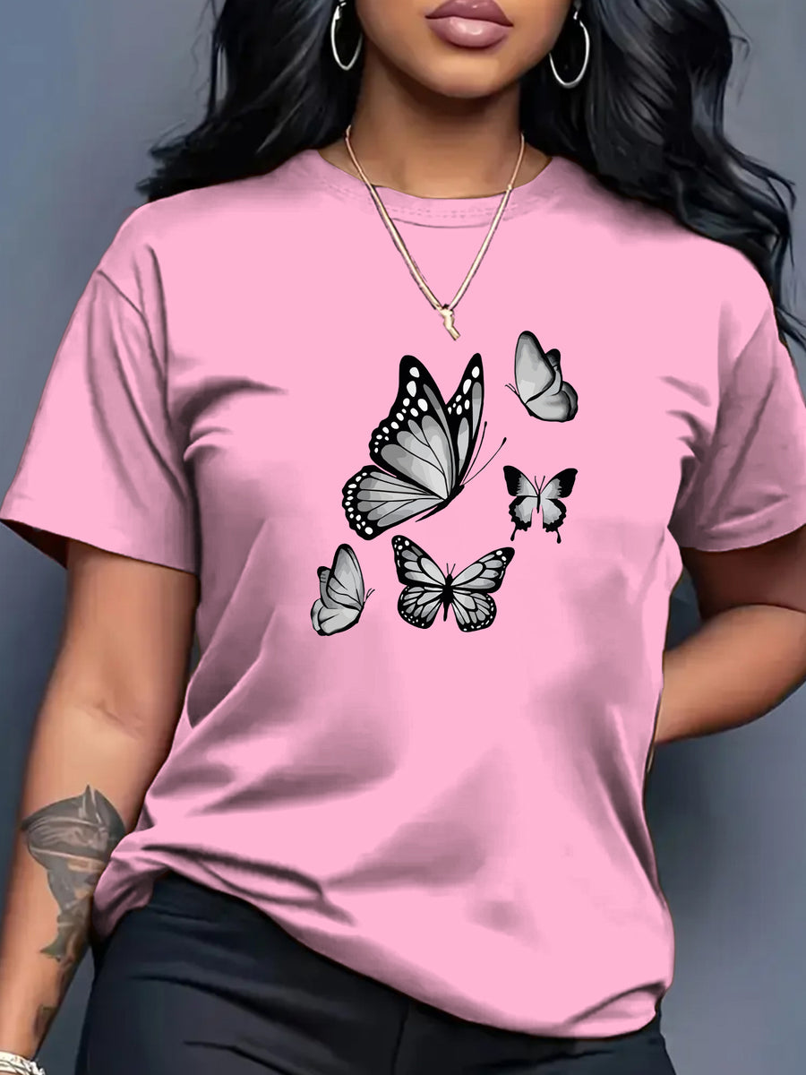 Spring And Summer Trendy Butterfly Print Women'S Casual Fashion Round Neck Short Sleeve T-Shirt, a Stylish Top for - Dark Pink