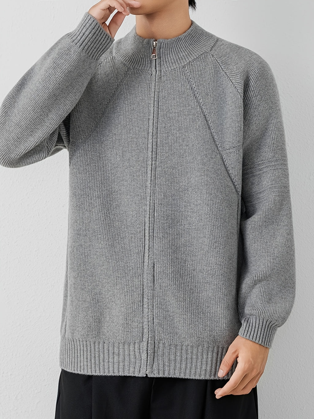 [Wading Whale OBM] 1pc Autumn Winter New Men'S Knit Cardigan, Old Money Style Textured Solid Color Round Neck Zipper Front Long Sleeve Sweater Vest Top, Men'S Casual Fashion, Suitable for Autumn And Winter Wear, Fits Daily Commute, Office Casual - Grey
