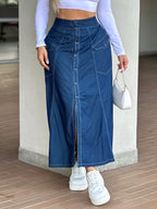 [Printed Skirt - Not Denim Fabric]Spring/Autumn High-Waist Retro Half-Skirt, Women'S Button-Front Slit Hem Casual Long Skirt (Non-Denim) - Blue