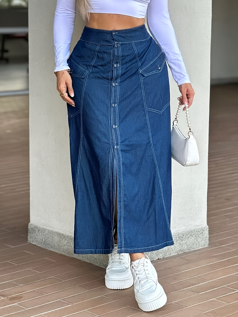 [Printed Skirt - Not Denim Fabric]Spring/Autumn High-Waist Retro Half-Skirt, Women'S Button-Front Slit Hem Casual Long Skirt (Non-Denim) - Blue