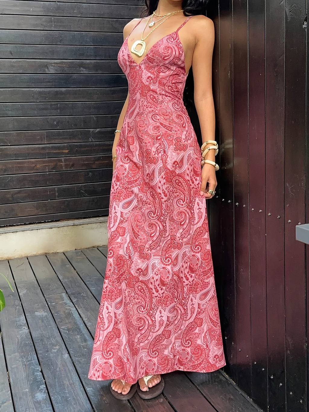 Women'S Elegant Pink Floral Suspender Deep V-Neck Open Back Tie Waist Dress Suitable for Dating Parties Gatherings Beach Vacations - Pink
