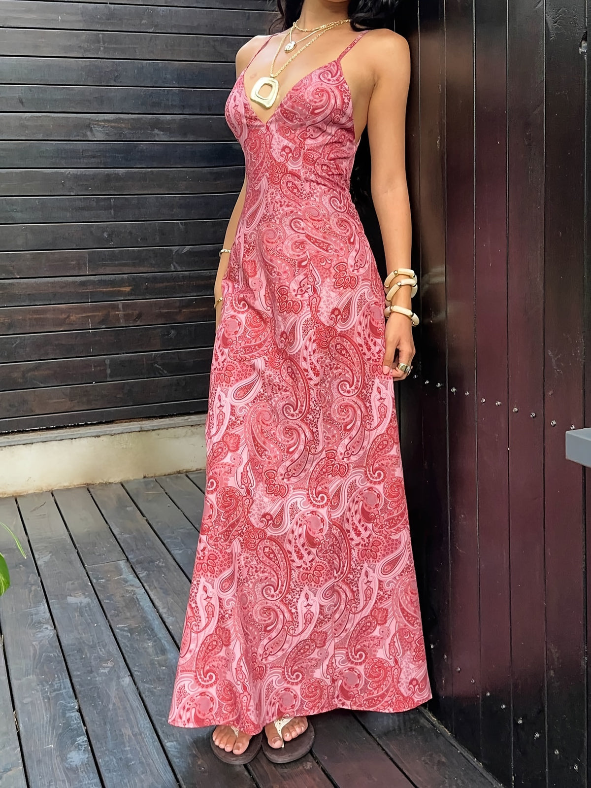 Women'S Elegant Pink Floral Suspender Deep V-Neck Open Back Tie Waist Dress Suitable for Dating Parties Gatherings Beach Vacations - Pink
