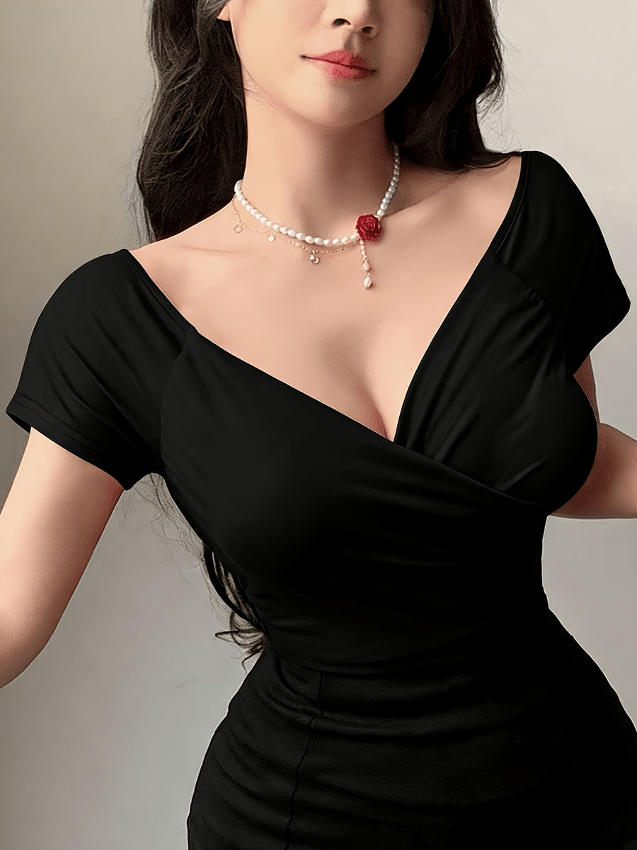 Front Deep V-crisscross Wrap, Back Off-the-shoulder Sleeveless Fitted Short-sleeve T-shirt - Black