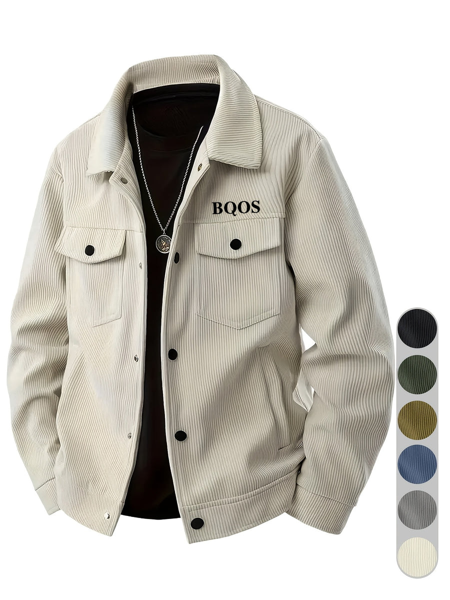 Men's American-style Corduroy Casual Jacket, Simple Casual Style, Lapel Collar, Single-Breasted with Multiple Pockets, Letter Embellishment, Comfortable Draping Fabric, Versatile Men's Apparel for Office Workers' Commuting and Outings in Spring - Khaki