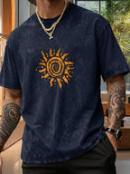 Men's Short-Sleeve T-Shirt, Pure Loose Fit Top, Trendy Reversible Double-Sided Swirl Sun Print, 12 Colors for  Mix & Match, Washed Distressed American Street Style, Versatile for Daily Outings, Streetwear, Sports, Fitness, and Commuting - Navy Color