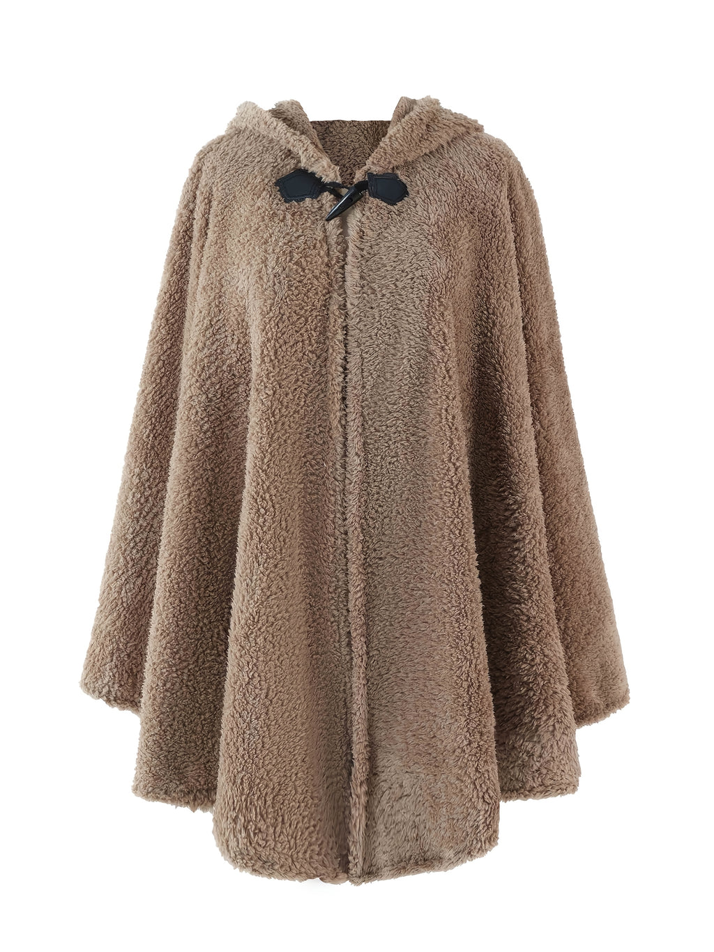 Plus Size - 1pc Faux Horn Button Size Free Solid Color Fashion Hooded Cape - Tawny
