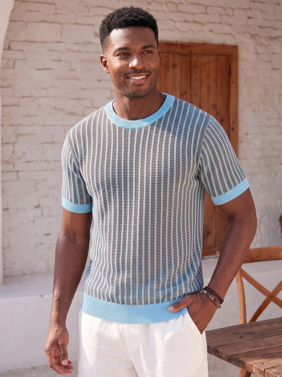 Summer Vertical Striped Knit Sweater Short Sleeve, Men'S Breathable Round Neck Vacation Casual Top - Sky Blue