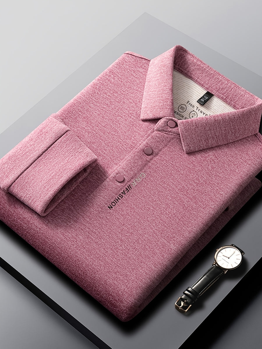 New Autumn 2026 Men's Long-Sleeve T-Shirt, Solid Color Lapel, Simple Daily Wear, Casual Polo Shirt - pink