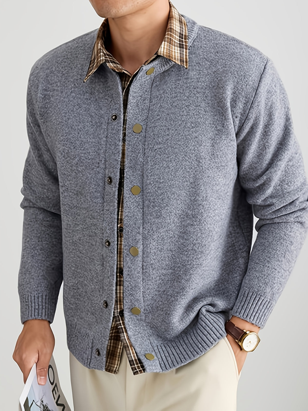 Men'S Oatmeal Knit Cardigan, Faux Two-Piece Plaid Shirt Collar Single Button, Business Casual Spring Autumn Regular Fit, Commuting Office - 【Light Grey】