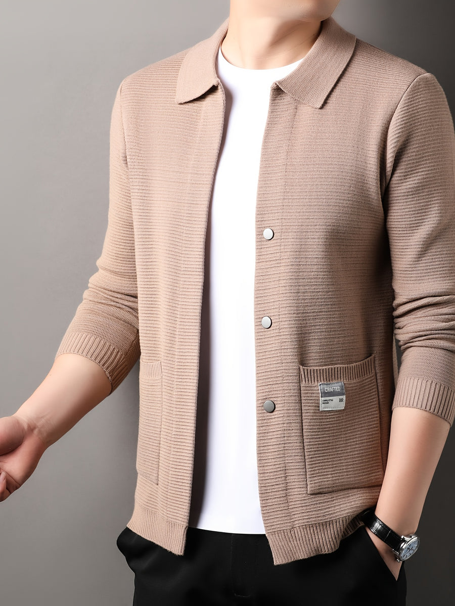 Men'S Autumn And Winter Cardigan with Long Sleeves, Casual Knitted Sweater with a Lapel - Camel