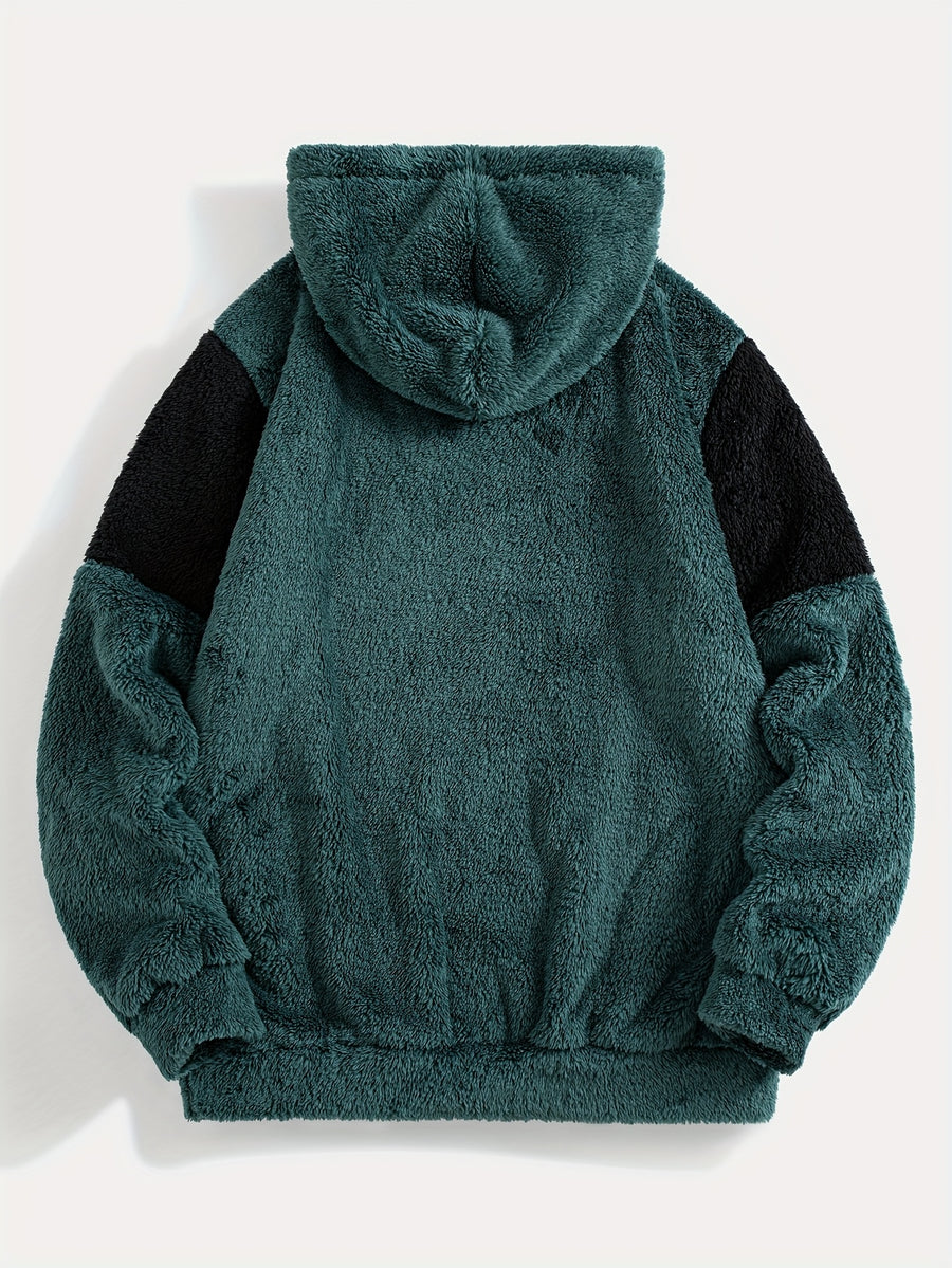 1pc Color-Block Spliced Reversible Plush Hooded Sweatshirt, Letter Embroidered Sweatshirt, Casual Sporty Hoodie, Soft and Comfortable Fabric, Warm and Breathable - Green