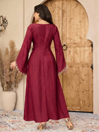Women's Elegant Arabic Style -Line Maxi Dress with Lace Bell Sleeves & Round Neck - Solid Color Suitable for Weddings, Parties, Special Occasions, Spring Summer Fall Dresses - Burgundy