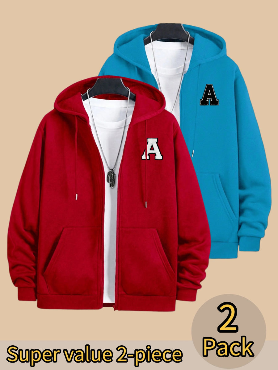 50%, 50%, 2pcs Men'S Patchwork Warm Fleece Zip-Up Hooded Sweatshirt, Men'S Clothing, Long Sleeve Fleece Jacket, Zip-Up Top, Hooded Sweatshirt, Pockets, Drawstring, Suitable for Outdoor, Casual, Back-To-School Season, Gift for Boyfriend - Red+Cyan