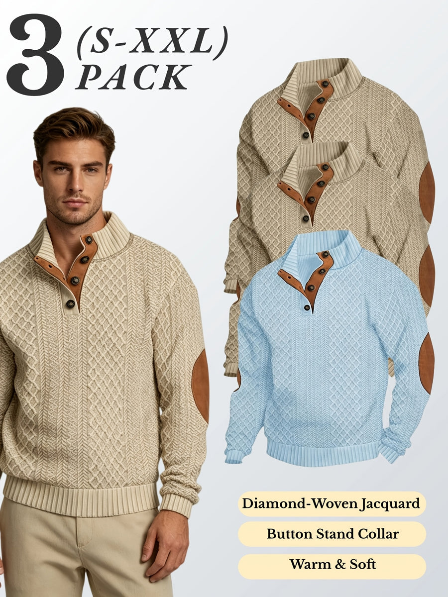 3pcs Men'S Textured Jacquard Knit Sweater Retro Casual Button-Up Stand Collar Long Sleeve Top for Autumn Winter Outing Home Versatile Basic Solid Color - Khaki 2+Sky Blue