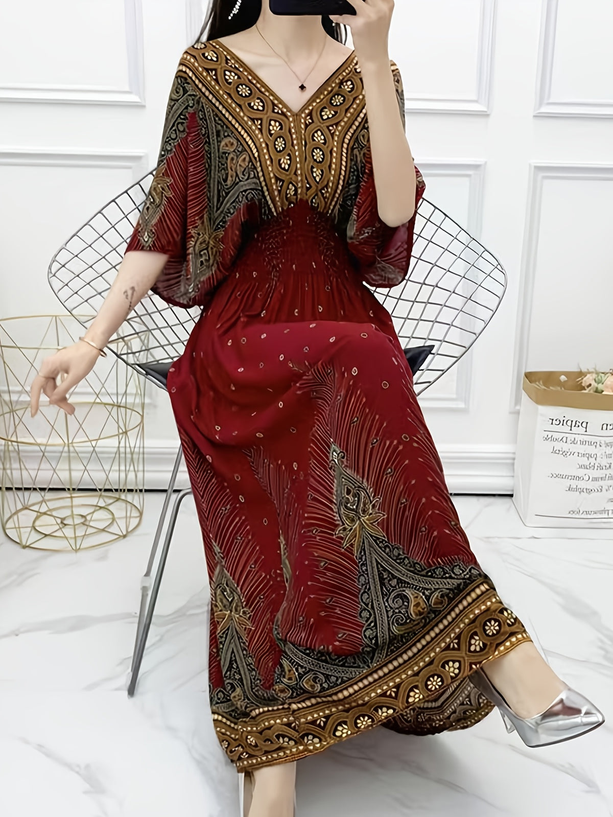 Summer Bohemian Women's Dress, Thin Beach Vacation Dress, 4 Colors Available, High Waist V-Neck Maxi Dress with Batwing Sleeves - Loose, Comfortable, and Breathable - Burgundy