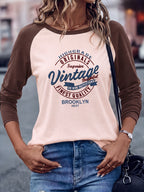 Brooklyn Vintage Pattern Design European and American Style Women's Daily Versatile Comfortable Casual Color-Blocked Crew Neck Raglan Long Sleeve T-Shirt - Apricot Collide Coffee Color