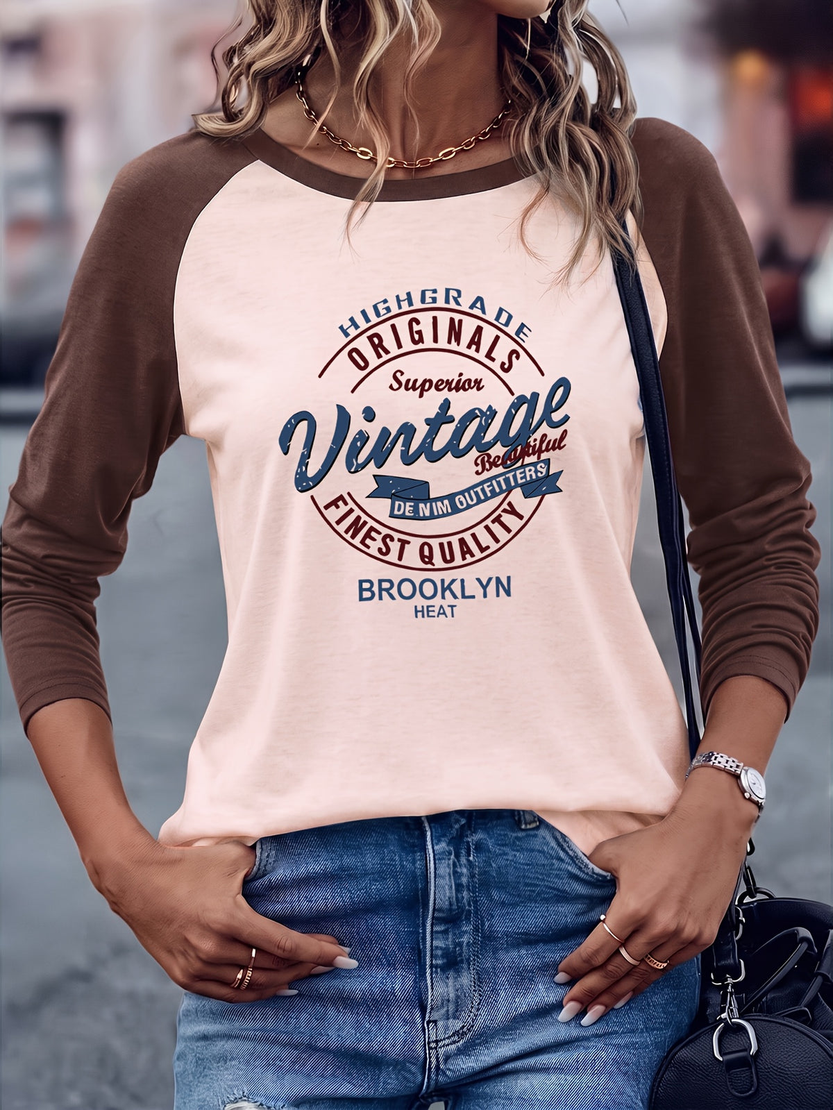 Brooklyn Vintage Pattern Design European and American Style Women's Daily Versatile Comfortable Casual Color-Blocked Crew Neck Raglan Long Sleeve T-Shirt - Apricot Collide Coffee Color