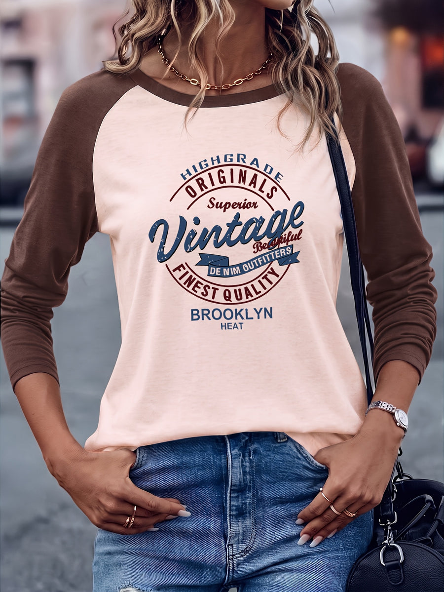 Brooklyn Vintage Pattern Design European and American Style Women's Daily Versatile Comfortable Casual Color-Blocked Crew Neck Raglan Long Sleeve T-Shirt - Apricot Collide Coffee Color
