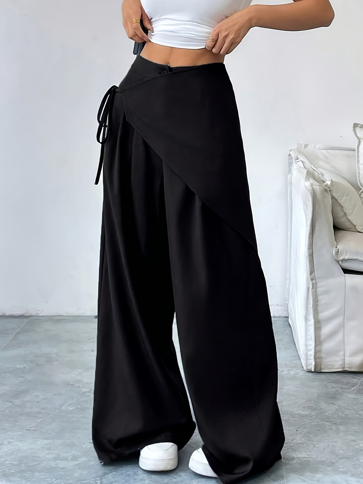 Women's Solid Color Cross-Tie Loose-Fit Leg-Length Casual Pants - Black