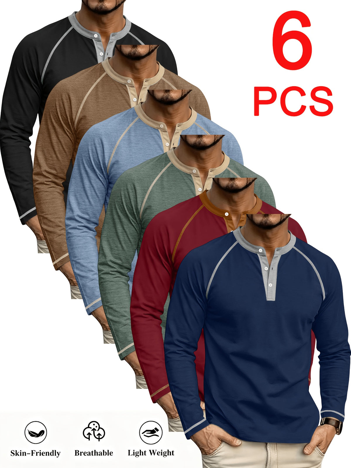 Xingfan OBM 6pcs Autumn/Winter Men's Color-Block Henley Collar Long Sleeve Half-Placket Casual Polo Shirts, Featuring Contrasting Collar and Cuff Designs, Skin-friendly and Breathable Fabric, Multi-color Combination Set, Can Be Worn Alone - Mixed colors
