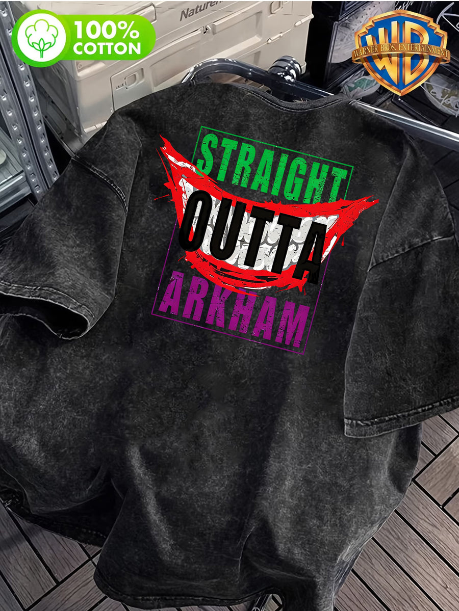 STRAIGHT OUTTA ARKHAM Text Pattern Front And Back Print, Men'S Casual T-Shirt Pure, Men'S Fashion Short Sleeve, Men'S Trendy Top, Washed Distressed Short Sleeve, Loose Fit, 1pc, Casual, Commute, Vacation, Premium, Couple Style, Student, Holiday - Black