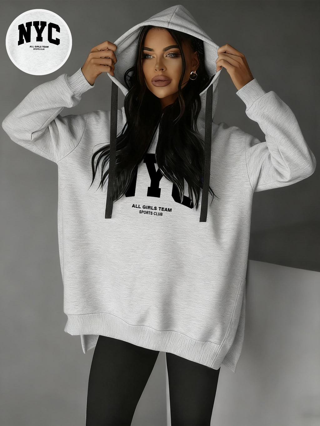 Women'S Stylish Hoodie with Side Slits And Drawstring for Autumn And Winter, Perfect for And Casual Wear, Featuring Cute Prints And a Comfortable Fit, Available in Multiple Colors - Light Grey