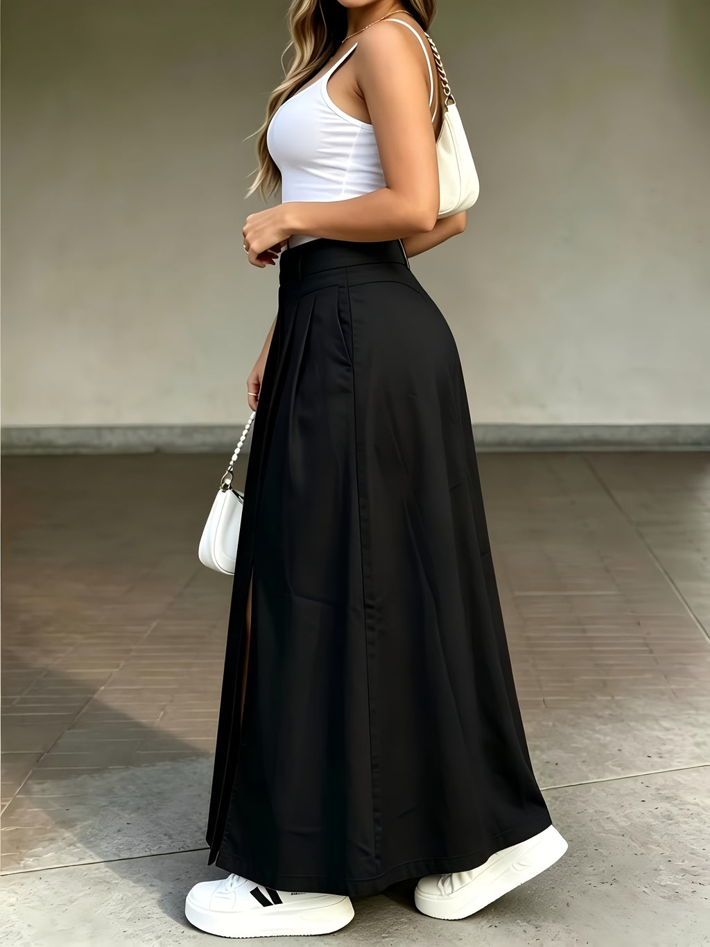 Women's High-Waist Midi Casual Loose Skirt - Black