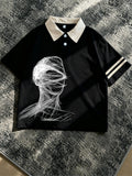 Men's New Polo Shirt, Black Base with Beige Contrast Collar, Double White Stripes on Cuffs, Abstract Line Portrait Print on Chest, Loose Fit, Artistic and Atmospheric, Suitable for Daily Casual and Commute. - Black