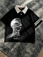 Men's New Polo Shirt, Black Base with Beige Contrast Collar, Double White Stripes on Cuffs, Abstract Line Portrait Print on Chest, Loose Fit, Artistic and Atmospheric, Suitable for Daily Casual and Commute. - Black