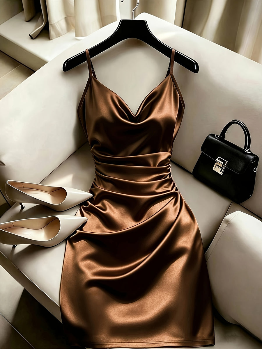 Solid Color Women'S Adjustable Strap Cami Dress with Ruffled Edges, Vacation Wear, Women, Fashion Apparel, Suitable for Beach Holidays, Summer Holiday Outfits, Festive Clothing, Women'S Holiday Party Gatherings Date Photography Dresses Women Tops - Coffee Color