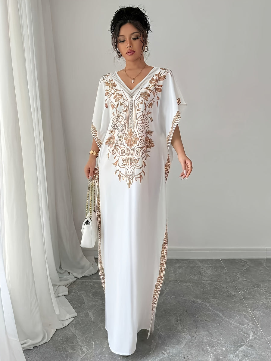 Women'S Summer Elegant Casual Robe, Floral Print V-Neck, Slit Long Dress - Milky