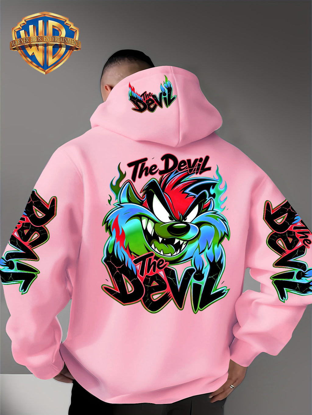 Le Yitong Flame Style Color-Block Graffiti Big Mouth Monster The Devil Print Hoodie, with Sleeve Print Design, Kangaroo Pouch And Drawstring Hood, Suitable for Autumn/Winter Casual Wear And Outdoor Activities - Pink Color