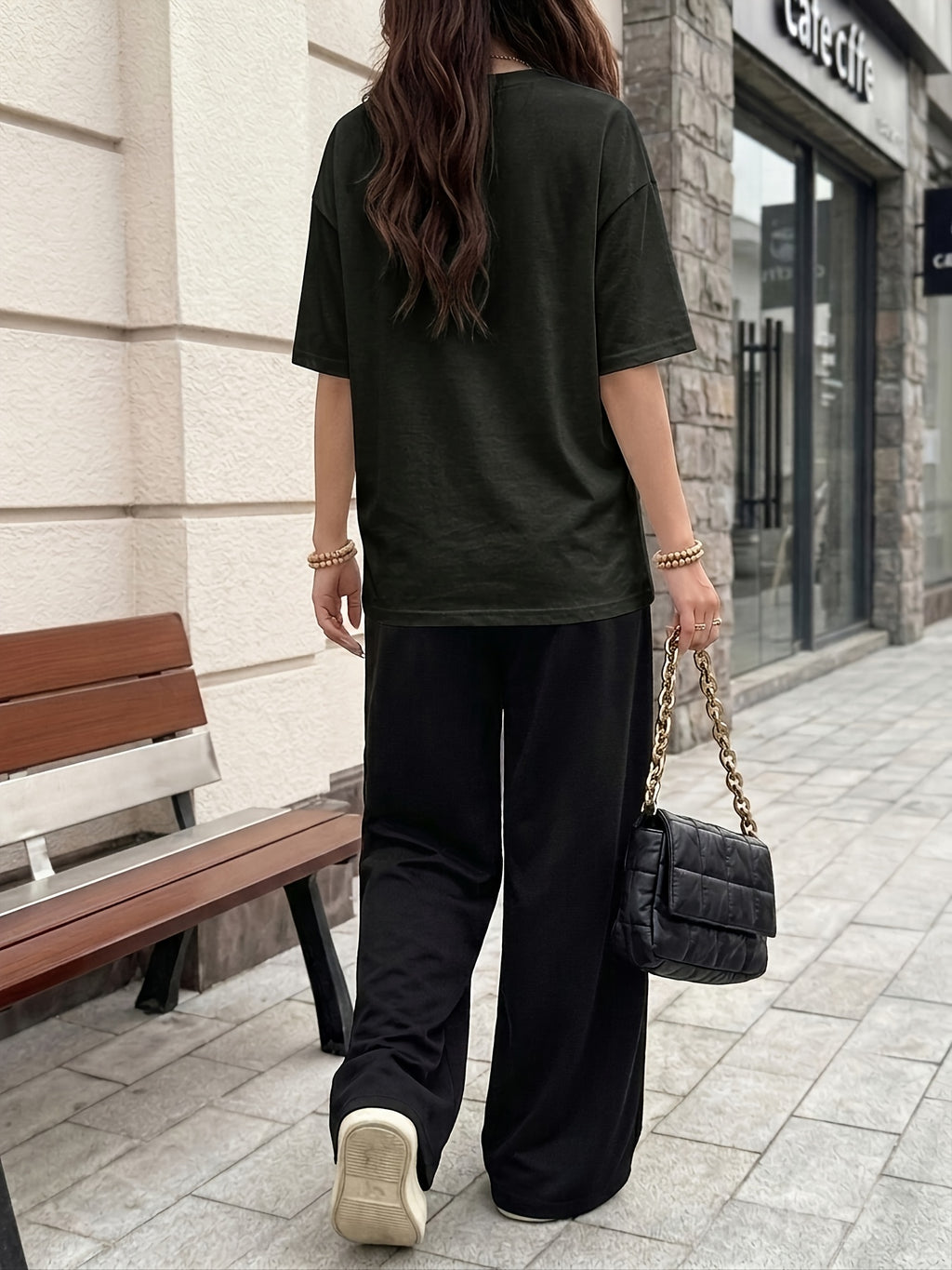 Women's Casual Streetwear Trend Los Angeles 98 Print Crew Neck Short Sleeve Top and Loose Drawstring Long Pants 2pcs Set, Women's Fashion Outfit, Suitable for Summer Streetwear - Black+black